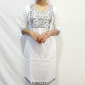 Women's White Cotton Kurti with Grey Embroidered Yoke