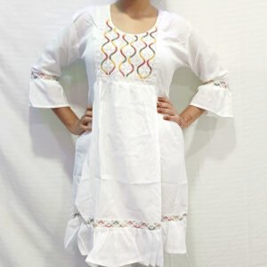 Women's White Embroidered Cotton Kurti with Flared Sleeves – Elegant Ethnic Wear