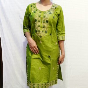 Women's Green Cotton Kurti with Heavy Embroidery